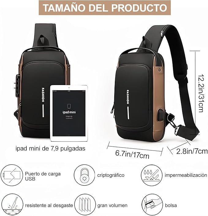 Mochila Cruzada Premium con Seguro y Puerto USB - Estilo Negro con Dorado