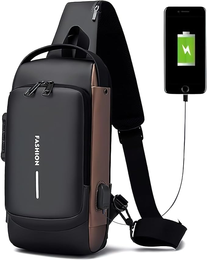 Mochila Cruzada Premium con Seguro y Puerto USB - Estilo Negro con Dorado