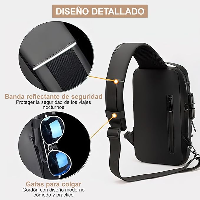 Mochila Cruzada Premium con Seguro y Puerto USB - Estilo Negro con Dorado