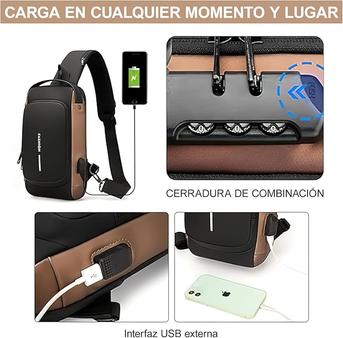 Mochila Cruzada Premium con Seguro y Puerto USB - Estilo Negro con Dorado